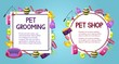 Pet shop sale square and round vector banner with shadow,poster design on colorful background with animal grooming accesories, pet store,market concept. Vector illustration