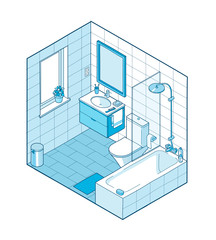 Isometric illustration of bathroom. Hand drawn interior view.