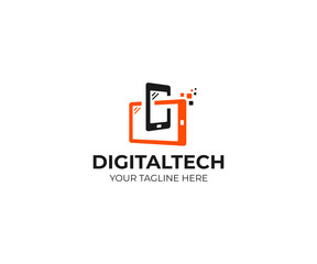 Digital technology logo template. Mobile phone and tablet vector design. Smart gadgets illustration