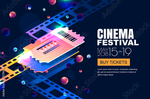 Vector Glowing Neon Cinema Festival Banner Cinema Tickets In 3d
