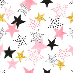 Wall Mural - Seamless Stars pattern. Vector background with watercolor pink and glittering golden stars.