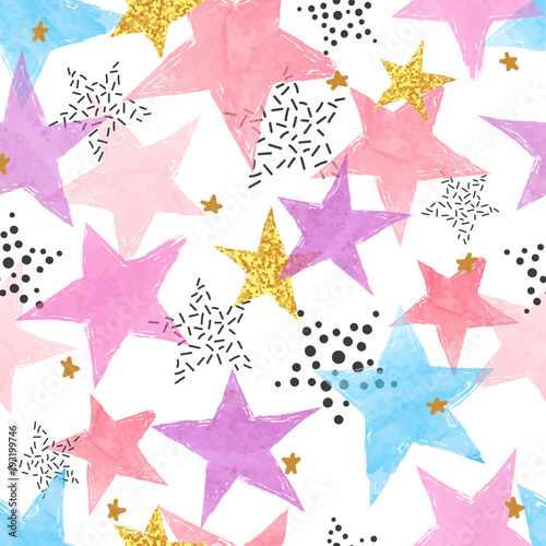 Cotton fabric Abstract celebration background with watercolor stars. Colorful vector seamless pattern.