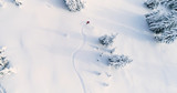 Snowboarder Drone Angle Powder Turns Fresh Untracked Mountain Powder Snow Aerial View