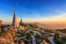 Landscape Of Two Big Pagoda On The Top Of Doi Inthanon Mountain, Chiang Mai, Thailand.