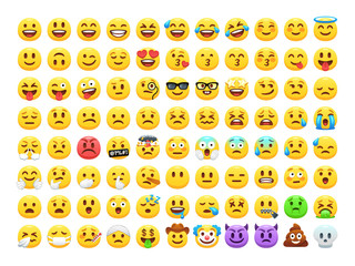 funny cartoon yellow emoji and emotions icon collection. mood and facial emotion icons. crying, smil