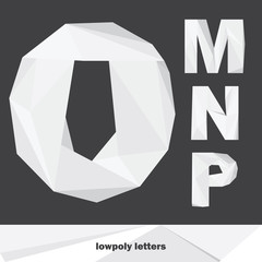 Poster - Lowpoly letters M N O P isolated on dark background. English alphabet in shades of grey. Vector illustration