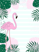 Tropical Frame Rectangular Leaves And Flamingo Summer Banner, Graphic Background, Exotic Floral Invitation, Flyer Or Card.