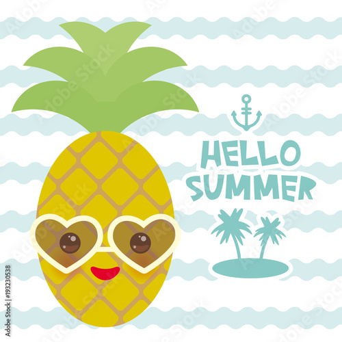 Hello Summer Cute Funny Kawaii Exotic Fruit Pineapple With Sunglasses Isolated On White Hot Summer Day Pastel Colors Card Design Banner Template On Blue Waves Sea Ocean Background Vector Buy This