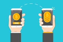 Peer to peer payments. Smartphone transfer money.  Cryptocurrency Transaction. Vector illustration.