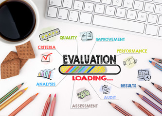 evaluation, Business concept. Chart with keywords and icons. White office desk.