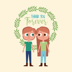 Wall Mural - cute boy and girl thank you forever wreath leaves decoration vector illustration