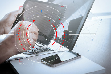Poster - Concept of target focus digital diagram,graph interfaces,virtual UI screen,connections netwoork.Hipster finance analyst working at trendy office