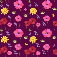 Seamless Ditsy Natural Print For Fabric With Funny Birds, Butterflies, Red And Pink Poppies, Marigold And Bell Flowers Isolated On Dark Purple  Background.
