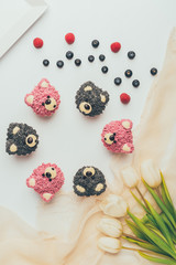 Wall Mural - top view of delicious fruity muffins in shape of bears and beautiful tulips