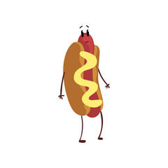 Wall Mural - Funny surprised hotdog, humanized fast food character with mustard vector Illustration