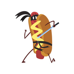 Wall Mural - Funny hotdog ninja with sword, humanized fast food character with mustard vector Illustration