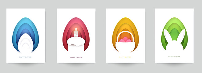 Sticker - Happy easter concept. Set holiday background for cover, invitation, poster, banner, flyer, placard. Minimal template design for branding, advertising in paper cut style. Vector illustration.