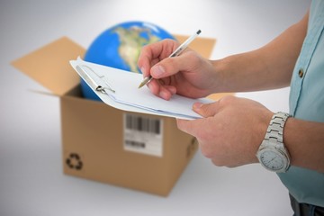 Poster - Composite 3d image of delivery man writing on clipboard