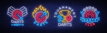 Darts Collection Of Neon Signs. Vector Illustration. Bright Nightly Darts Advertising, Neon Logo, Symbol, Lightweight Banner, Design Template For Your Projects
