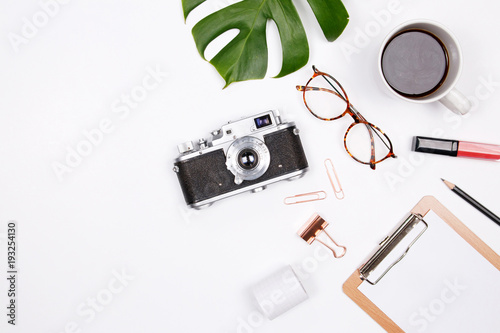 Download Frame Made Of Tropical Palm Leaf Vintage Camera Glasses Coffee Cup Lipstick And Clipboard On White Background Flat Lay Top View Woman Blog Mockup Summer Travel Concept Buy This Stock Photo PSD Mockup Templates