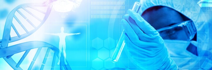 Poster - composite image of blue dna helix with medical background