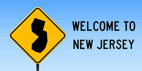 New Jersey map on road sign. Wide poster with New Jersey us state map on yellow rhomb road sign. Vector illustration.