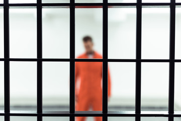 Wall Mural - prisoner in prison cell with metallic bars on foreground