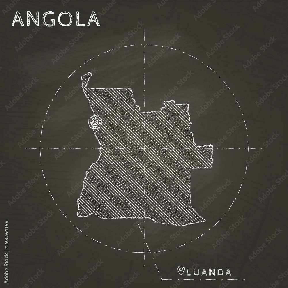 Angola chalk map with capital marked hand drawn on textured school ...