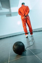 Wall Mural - rear view of prisoner in orange uniform with weight tethered to leg