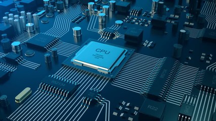 Poster - 3d animation circut board. technology background. central computer processors cpu concept. motherboa