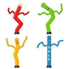 Dancing Inflatable Tube Man Set In Flat Style Isolated On White Background. Wacky Waving Air Hand For Sales And Advertising. Vector Illustration