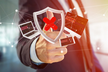 Poster - Hacked shield symbol surrounded by devices and network displayed on a futuristic interface
