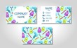 Vector modern colorful business card template set with pet store grooming items. Front page and back page template with pet grooming and market items. Vector illustration