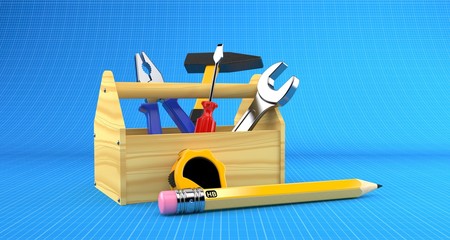 Sticker - Wooden toolbox on blueprint