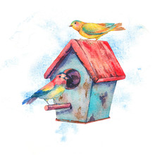 Watercolor Illustration With Birdhouse And Pair Of Birds