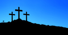 Religious Illustration With Three Crosses On Hill And Blue Sky