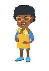 Wall Mural - Little african boy holding a paper shopping bag full of groceries. Full length of smiling boy standing with a grocery bag in hands. Vector sketch cartoon illustration isolated on white background.