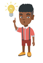 Sticker - African smart little boy having a bright idea. Clever boy with open mouth pointing forefinger at the glowing lightbulb. Idea concept. Vector sketch cartoon illustration isolated on white background.