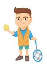 Little caucasian tennis player holding a tennis racket and a ball. Smiling boy while a tennis racket and a ball. Boy playing tennis. Vector sketch cartoon illustration isolated on white background.