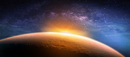 Wall Mural - landscape with milky way galaxy. sunrise and planet view from space with milky way galaxy. (elements