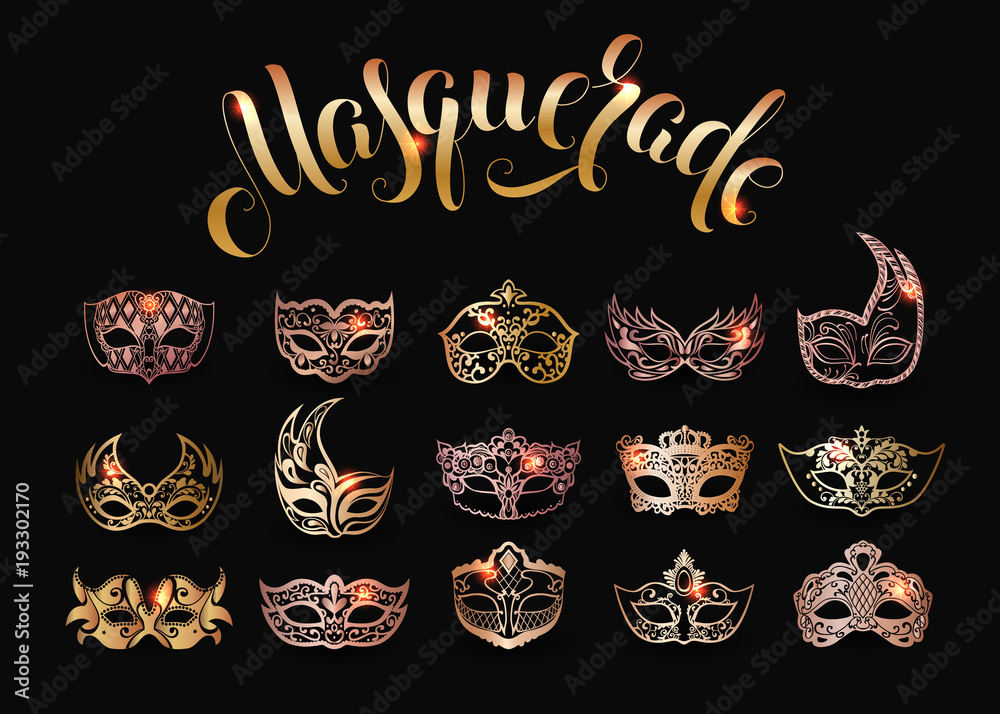 Vector collection of gold masquerade masks isolated on black background - obrazy, fototapety, plakaty 