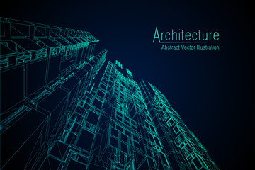 Wall Mural - Modern architecture wireframe. Concept of urban wireframe. Wireframe building illustration of architecture CAD drawing.