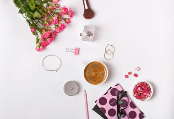 Wall Mural - Roses, coffe and small stylush feminine accessories on the white backround