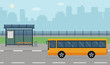 Bus stop and bus on city background. Vector illustration. Flat style concept of public transport. 
