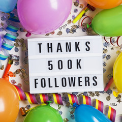 Sticker - Thanks 500 thousand followers social media lightbox background. Celebration of followers, subscribers, likes.