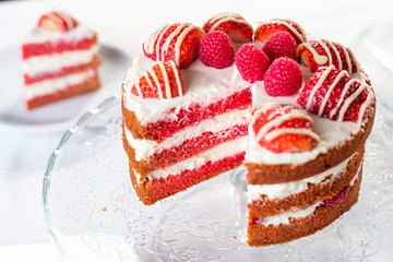 Red velvet cake with  strawberry and white chocolate