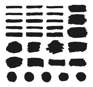 Set of black grunge hand paint, round shapes, stripes, ink brush strokes, hand drawn texture painted circles, brushes, lines isolated on white background