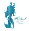 Hand-drawn watercolor beautiful mermaid character illustration. Sea template for poster, card, invitation. Mermaid silhouette 