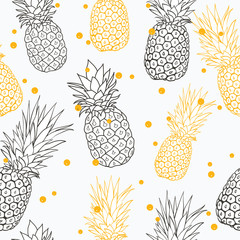 Vector yellow grey pineapple polka dot summer tropical seamless pattern background. Great as a textile print, party invitation or packaging.