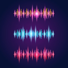 Aufkleber - Set of three bright orange blue red audio equalizer neon set with sound waves symbols on violet background flat isolated vector illustration